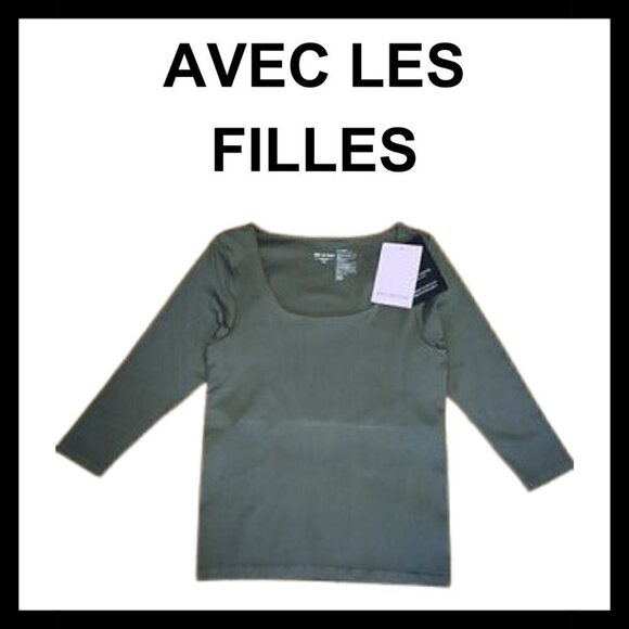 NWT AVEC LES FILLES Olive green scoop neck seamless layering 3/4 sleeve … - Picture 1 of 9